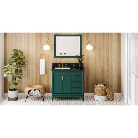 JEFFREY ALEXANDER 36In. Forest Green Theodora Vanity, Left Offset, Black Granite Vanity Top, Undrmnt Rctngl Bowl VKITTHE36GNBGR